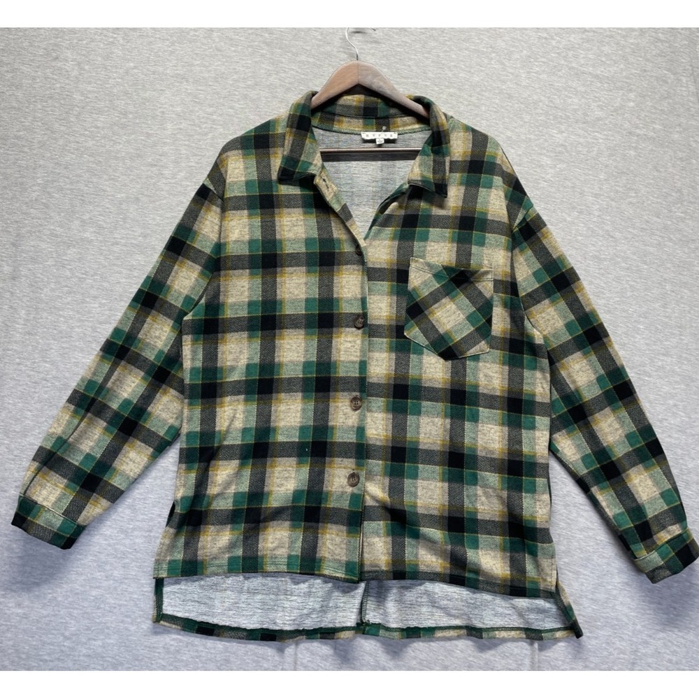 HYFVE Flannel Shirt Womens Large Multicolor Plaid Spandex High Low Hem Button Up